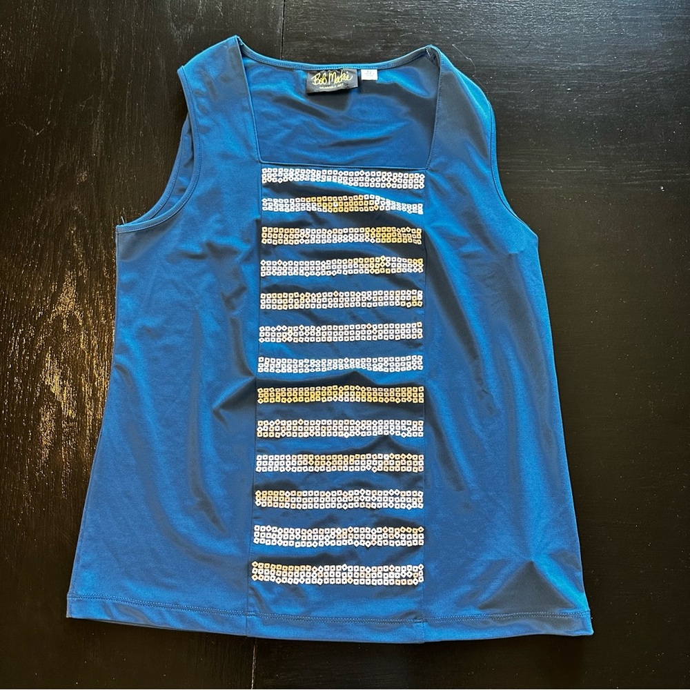 Retro Bob Mackie XS Wearable Art Blue Sleeveless Top with Sequin Design